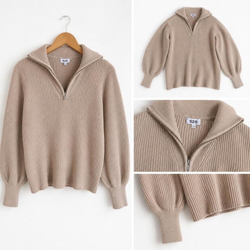 100% Cotton 525 America Beige Ribbed Quarter Zip Sweater